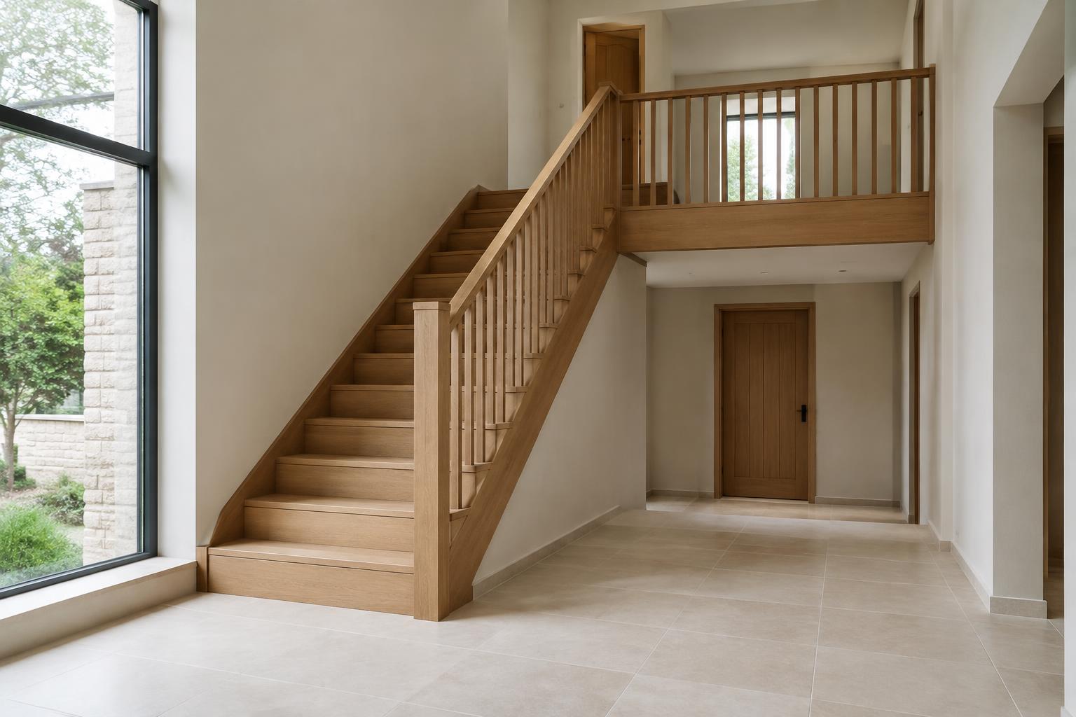 Oak staircase and limestone landing illustrating considered detailing